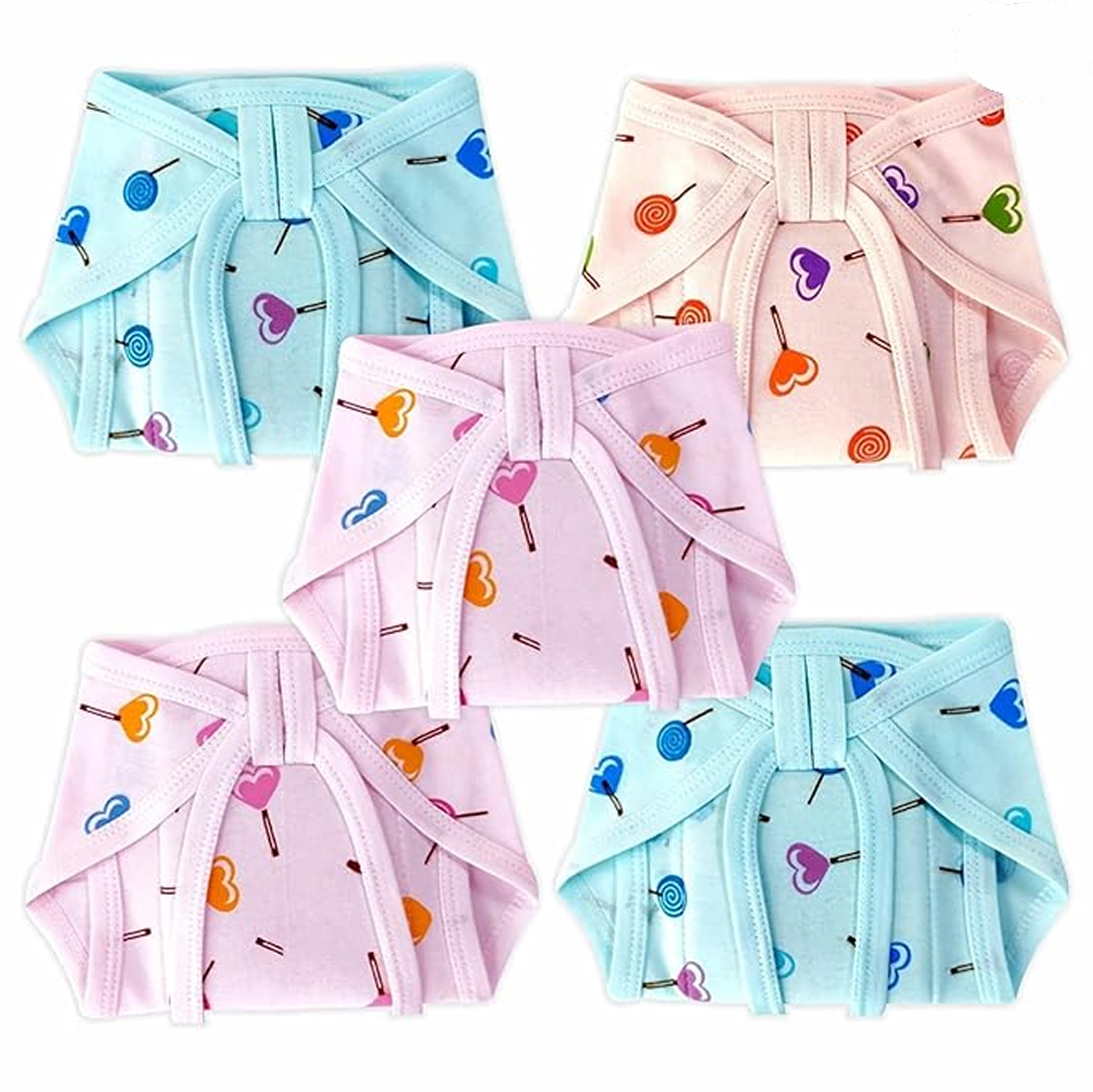 Baby Cloth Nappies With Lollipop Print, Reusable Diapers, Pack Of 5, Pink And Blue(candy Napy)
